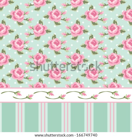 Retro wallpaper in shabby chic style with roses and stripes