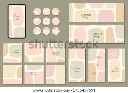 Beautiful feminine set of square, vertical, horizontal and circle social media background templates for posts and banners with minimal abstract organic shapes composition in contemporary collage style