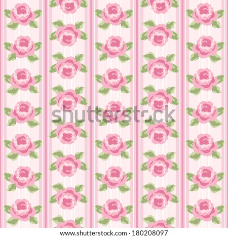 Retro background as striped wallpaper with roses in shabby chic style