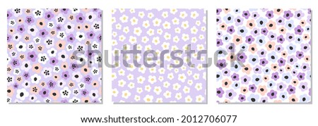 Cute set of seamless pattern with primitive naive art flowers in 70s style