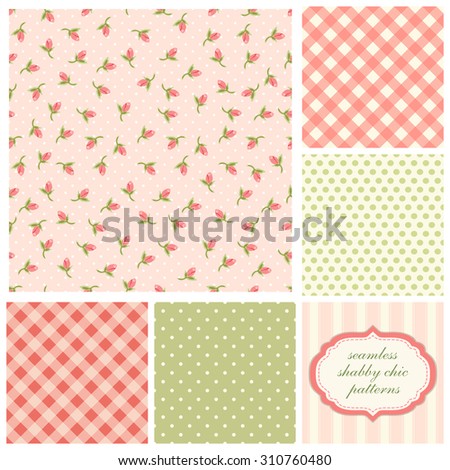 Set of cute seamless Shabby Chic patterns with roses, polka dot and plaid, ideal for kitchen textile or bed linen fabric or interior wallpaper design, can be used for scrap booking paper etc