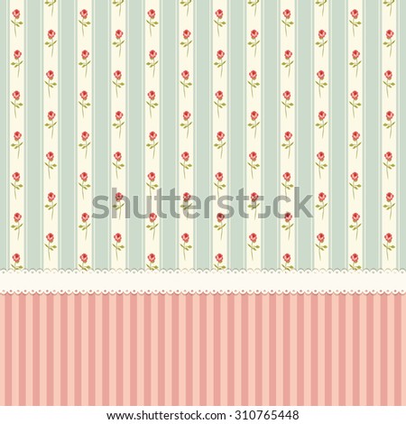 Cute vintage wallpaper with shabby chic roses on striped background