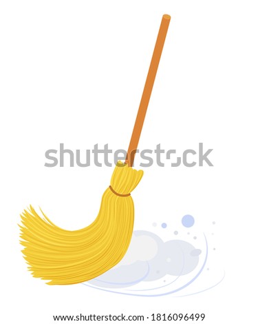 yellow broom with long wooden handle sweeping floor. Broom isolated on white, household implement from dust and dirt vector illustration