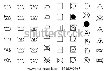 Clothes care icon set. Laundry symbols, black monochrome vector illustration isolated on white.