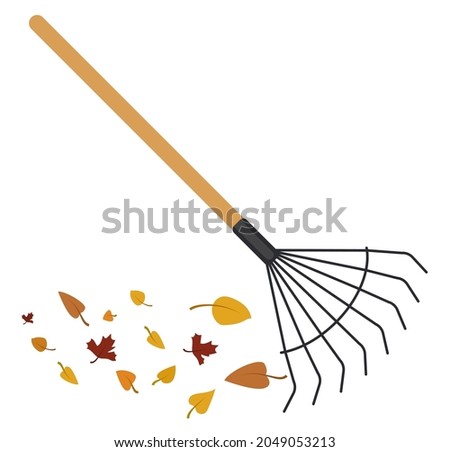 Garden rake with autumn leaves isolated on white background. Tool for horticulture, agriculture, farming. Ground cultivator. Vector flan cartoon Illustration. Stock fotó © 