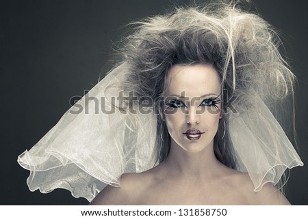 Fashion portrait of bride with wedding veil and big eyelashes