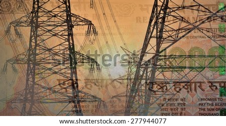 High voltage electric tower or pylon with high power lines on  1000 Rupee India Currency or money note, double exposure shot with money and technology