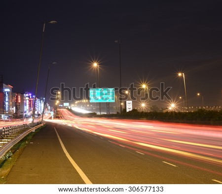 Delhi, India: August 16th, 2015: Modern Road infrastructure in New Delhi India near Mahipalpur, the place is close by Indira Gandhi International Airport, road connects Delhi to Mumbai