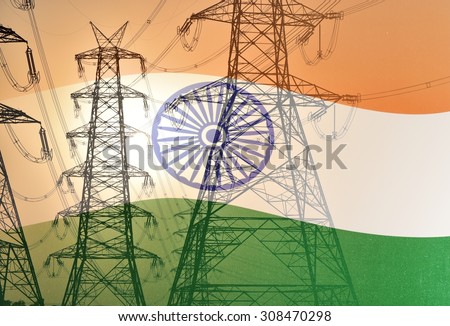 Indian Colorful flag merged with electric pylons of high power lines, showing development of India in power Sector