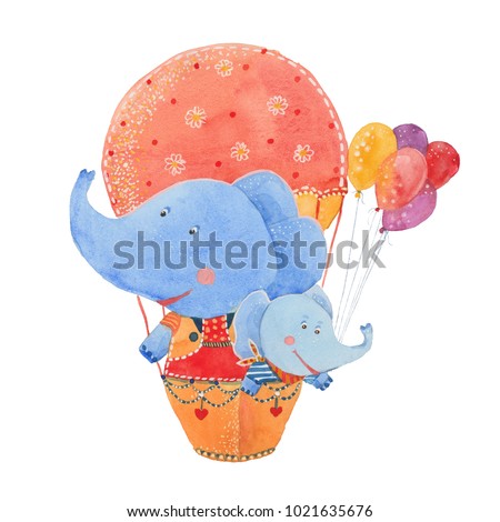 two elephants in  air balloon, watercolor illustration  on white background