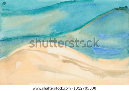 abstract sea and beach. Hand drawn watercolor painting. 
 