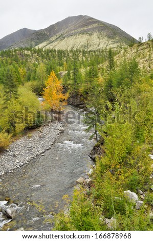 The river in mountains of Yakutia. Cloudy landscape on a route Yakutsk - Magadan. Russia.