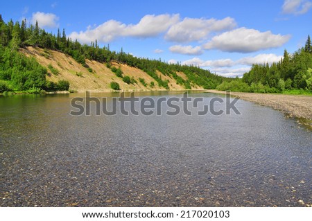 Summer landscape North of the river. River Kokpela flows on the Western slope of the Polar Urals.