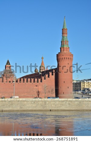 The Kremlin, Moscow. Battlement and towers of the Kremlin - winter cityscape in the center of Moscow.