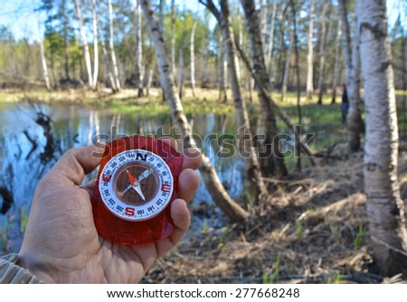 With compass in a spring forest. Magnetic compass in the hand on the background of nature in spring.