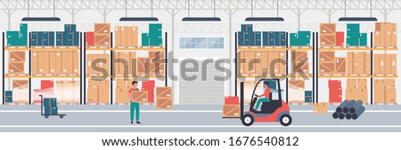 Warehouse logistic center flat vector illustration concept. Workers operate freight with electric car and truck. Parcel and packages on shelves. Logistic delivery service company.