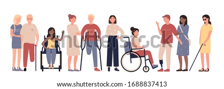 Multiracial disabled people character flat vector illustration set isolated on white background. Positive men and women with special needs with prosthesis, crutches, stick, in wheelchair, blind girl