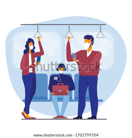 People in subway train, bus tram public transport wearing medical masks to protect from coronavirus, limiting mass transit to prevent corona virus disease covid-19 spread concept vector illustration.