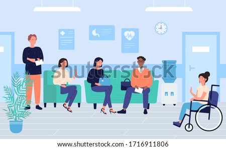 Patients in clinic waiting room character flat vector illustration, medicine and healthcare. Man and woman sit at hall, enabled girl is in wheelchair. Medical service, doctor appointment, sickness