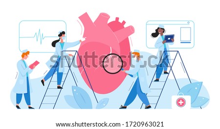 Doctors in laboratory researches heart organ healthcare medical concept flat vector illustration. Cardiologists men women check cardiogram, determine diagnosis disease treatment. Pharmacy research.