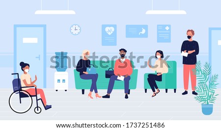 Patients people in doctors waiting room vector illustration. Cartoon flat woman man characters in masks sit and wait for doctoral appointment in hospital hall interior. Medical healthcare background
