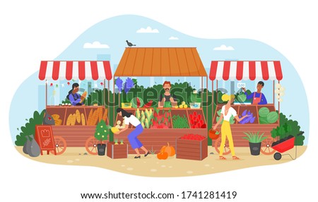 Organic food farm market vector illustration. Cartoon flat farmer seller character selling fresh harvest fruit and vegetable at street marketplace stall, people in local street fair isolated on white
