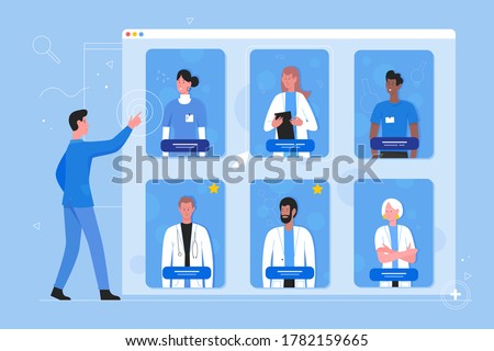 Online registration on doctor appointment vector illustration. Cartoon flat man patient character choose, search for specialist for doctoral treatment advice. Modern online medicine concept background