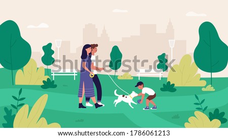 Family people in summer city park vector illustration. Cartoon flat mother, father and son characters walking and playing with pet dog in green park landscape, cityscape with happy family background