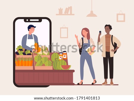 Buy food in online farm market shop vector illustration. Cartoon flat happy characters shopping, people buying organic vegetables and fruits, using smartphone app farmers store advertising background