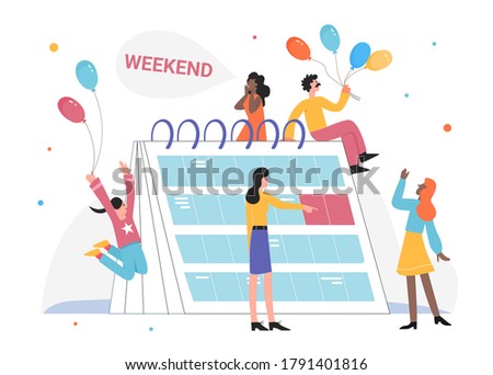 People celebrate weekend vector illustration. Cartoon flat tiny happy employee, office worker characters with colorful balloons in hands celebrating end of working week party concept isolated on white