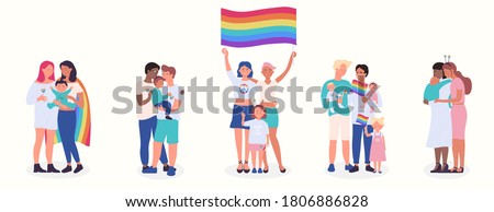 LGBT family flat vector illustration set. Cartoon happy LGBT family people collection of gay lesbian bisexual couple parent character and adopted children, rainbow adoption parenting isolated on white