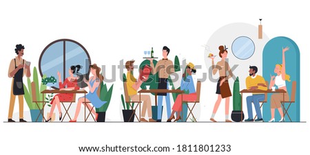 People in cafe flat vector illustration. Cartoon friend or couple characters sitting at tables, dining and talking, ordering dinner food from waiter in restaurant cafeteria interior isolated on white