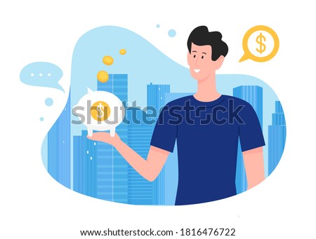 Save money vector illustration. Cartoon flat happy man investor character holding moneybox piggy bank in hand, saving or accumulating gold coins, financial investments isolated on white