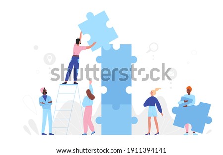 People team build puzzle, partnership concept vector illustration. Cartoon man woman partner group of characters building, connecting puzzle jigsaw pieces while standing on stairs isolated on white
