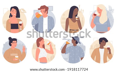 People drink vector illustration set. Cartoon young happy man woman characters drinking, holding wineglass, glasses of beer or whiskey in hands, fun party in alcohol bar or home isolated on white