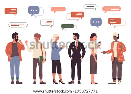 People talk, friendly or work communication vector illustration set. Cartoon man woman friend character talking with message bubble above head, businessman and lady solve work task isolated on white