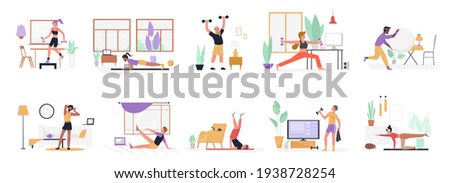 People do sport exercises at home vector illustration set. Cartoon young man woman sportive characters in sportswear training with dumbbells and ball, healthy fitness sports workout isolated on white