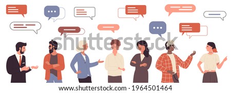 People talk, friendly or work communication vector illustration set. Cartoon man woman friend character talking with message bubble above head, businessman and lady solve work task isolated on white