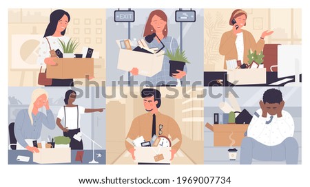 Employee replacement, dismissal vector illustration set. Cartoon young sad or happy business people dismissed from job, holding box of things, man woman fired staff characters leave office background