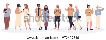 People with coffee drink takeaway vector illustration set. Cartoon young man woman couple characters walking on city street, happy friends standing, holding hot coffee paper cup isolated on white