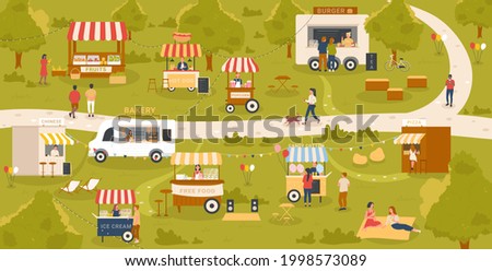 Street food kiosk stalls in market, festival event in city park vector illustration. Cartoon summer map, local farmers selling fruits, people have fun, buying pizza ice cream popcorn fast food