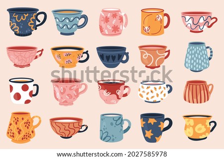 Tea coffee vintage cup set vector illustration. Cartoon vintage teacup collection for english afternoon tea ceremony party or breakfast, retro flower, leaf, stripes hand drawn pattern on cup and mug