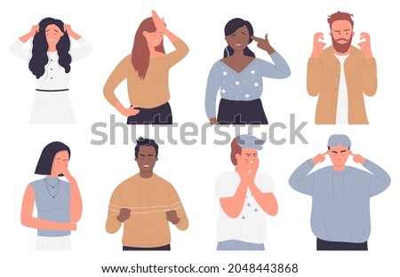 Upset annoyed people vector illustration set isolated. Cartoon sad unhappy disappointed adult characters bad failure situation, with face palm gesture, touch head in headache, disappointment or shame