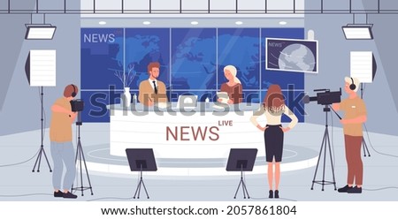 Tv studio live news, broadcasting show interview vector illustration. Cartoon backstage television production scene with people presenters at desk on platform stage, operator cameraman with camera