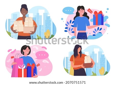 People enjoy discount shop sales set vector illustration. Cartoon girl holding gift box with bow, shopaholic customer woman character with stack of cardboard packagings and bags. Shopping concept Сток-фото © 