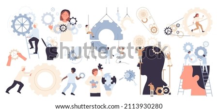 Project development process and success business strategy. Team of tiny people work with gears in human brain, training memory and skills, intelligence growth, self control flat vector illustration