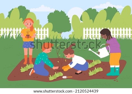 Children plant seedling together in garden or backyard of house vector illustration. Cartoon happy little gardeners growing tree, boys and girls volunteers care nature, save ecology background