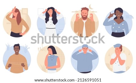 Angry and annoyed people in round avatar set vector illustration. Cartoon woman and man feeling stress, anger expression, frustrated girl with boredom on face, trouble of behavior isolated on white
