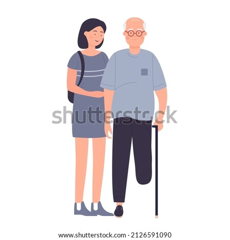 Girl supporting senior man with amputated leg. Sympathy and helping people with disability cartoon vector illustration Сток-фото © 