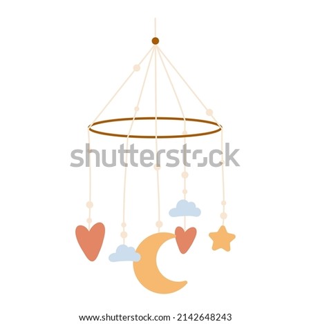 Baby bed hanging toy. Kid mobile carousel, sleeping toddler crib toy boho isolated illustration